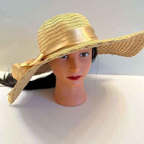 Floppy Straw Sun Hat 5” w/ Silk Bow - Tan - Picture 7 of 8